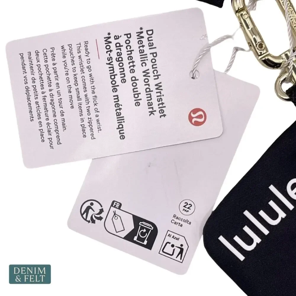 NEW‎ Lululemon Dual Pouch Wristlet Metallic Wordmark Black Gold Keychain Wallet